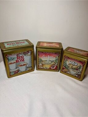 Red Rose 100th Anniversary, Lipton & Oxo Vintage Gold Tin Set. Collectible. Gift